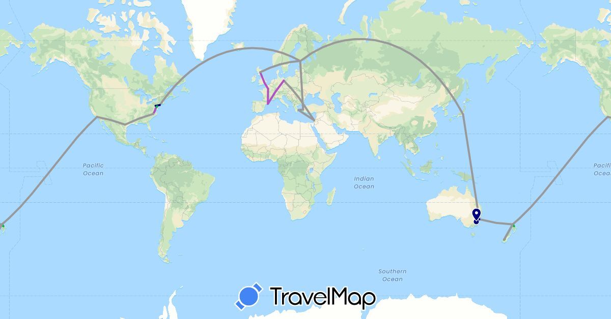 TravelMap itinerary: driving, bus, plane, train in Australia, Germany, Spain, Finland, France, United Kingdom, Greece, Israel, Japan, New Zealand, Turkey, United States (Asia, Europe, North America, Oceania)